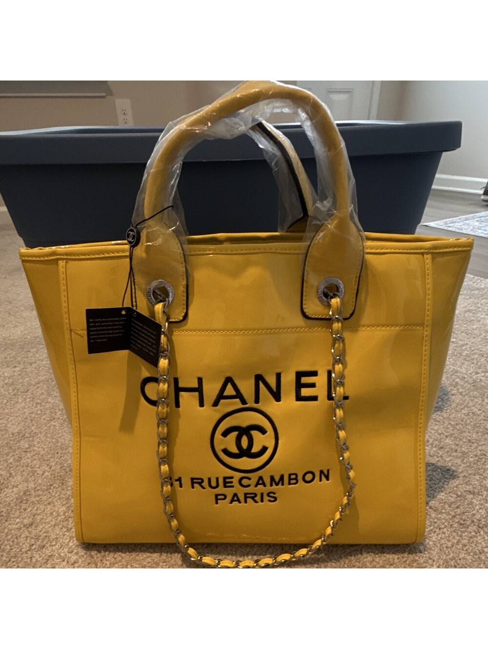 CHANEL Yellow Tote Bag Chain Strap Top Handles Magnetic Close 31 Rue Cambon